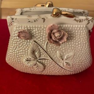 Vintage Thames Hand Painted Porcelain Purse-White Beaded w/ 3D Pink Roses